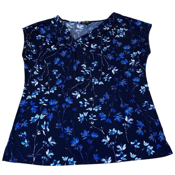 Roz & Ali Tops - Roz & Ali Women’s Blue Floral Cap-Sleeve Blouse Twist Asymmetrical Neck L EUC